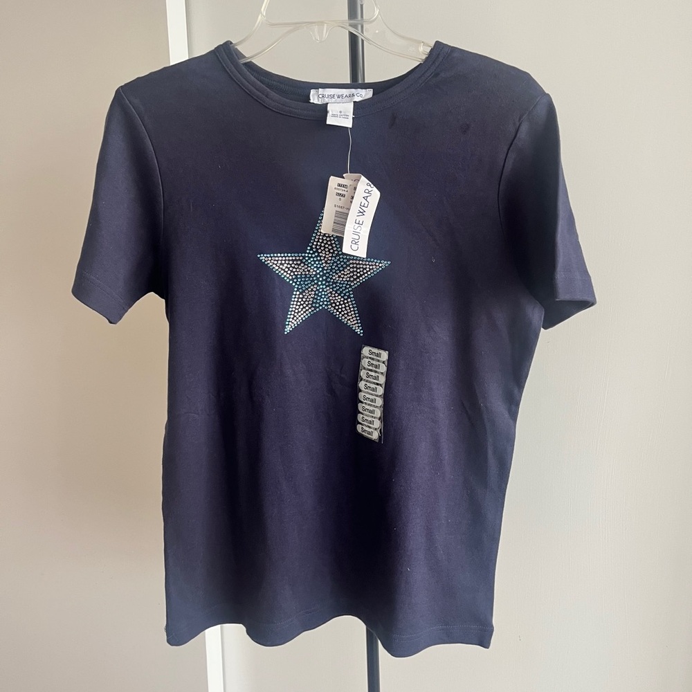 NWT Cruise Wear Women's Knit Navy Blue w Diamond Star 100% Cotton Top T Shirt S